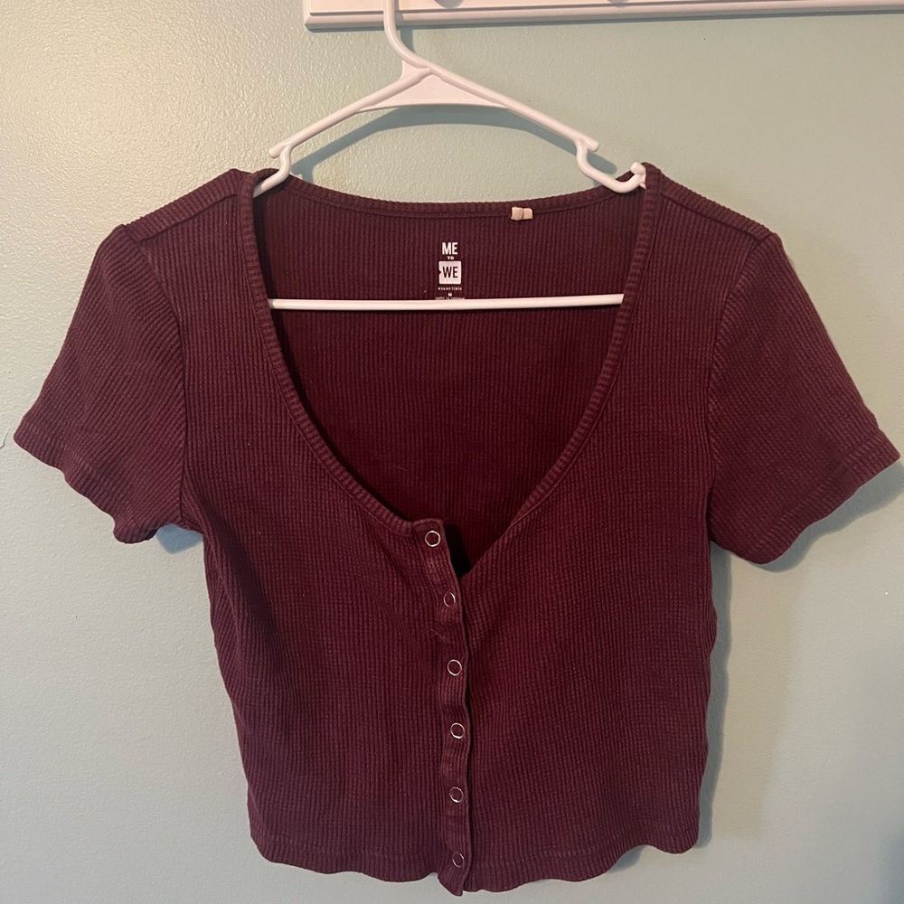 Me to We Burgundy Ribbed Button-Front Crop Top